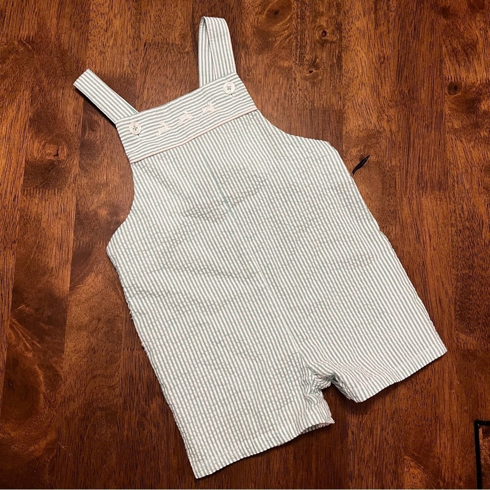 Starting Out Classic Striped Green Seersucker JonJon Overalls 18 Months Bunnies